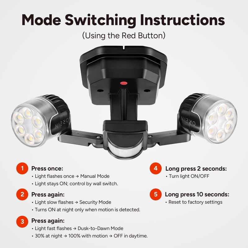 OREiN Motion Sensor Outdoor Security Lights, Dual-Head Adjustable LED Flood
