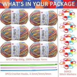 Crochet Yarn Knitting Wool (6X50g, 4-Ply), Multicoloured Acrylic Yarn Crochet Wool, Aluminum Crochet Hooks Stitch Markers,Ombre Yarn for DIY Craft Blankets Socks Dolls