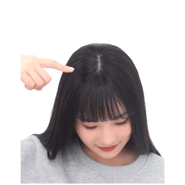 HIYE Partial Wig, 100% Human Hair, Skin Tone Artificial Scalp, Pinching, Parting, Natural, Hand Planted, With Bangs, Hairpiece, Medical Use, Circular Alopecia, Thin Hair, Gray Hair, Conceals Volume, Straight, Women's, Popular, Stylish, Firm, natural black