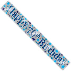 Age 70 Birthday Banner Blue And Silver Star Holographic Recyclable 70th Birthday Party Banner