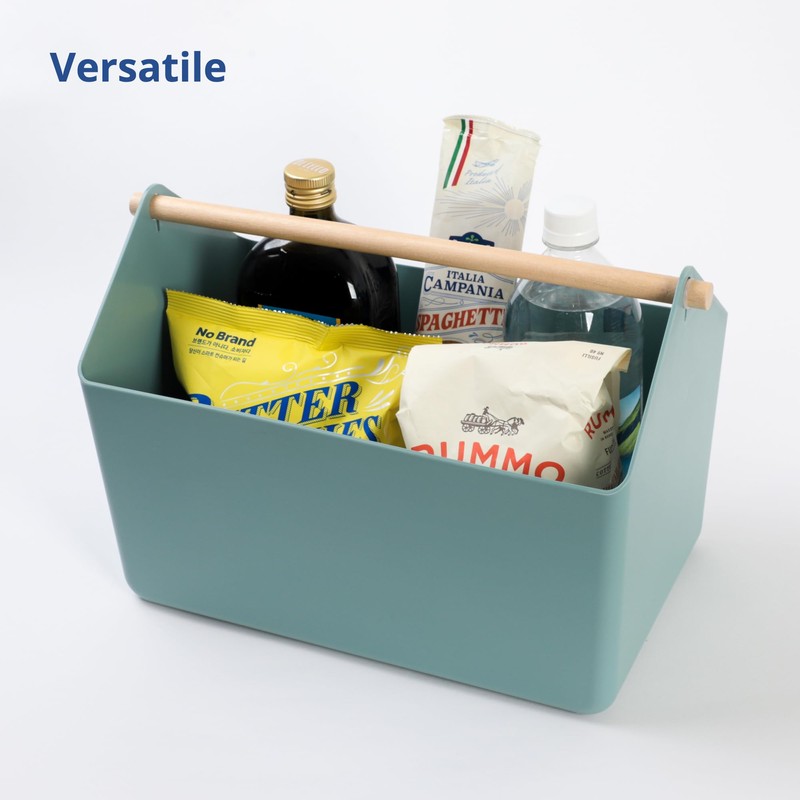 BLUE GINKGO Large Storage Basket – Plastic Caddy with Wooden