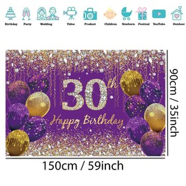 30th Birthday Decorations for Women, Purple Glitter Spots Fabric Sign Poster Birthday Party Decoration, 30th Birthday Background Banner Woman, 30th Birthday Party Decoration