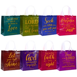 32 Pcs Christian Religious Gift Bags with Handles in 8 Colors, Reusable Bible Verse Gift Bags Bulk for Women, Medium Size Non Woven Bag for Church, Wedding, Baptism & Party Supplies