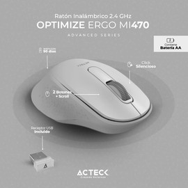 Acteck Mouse Inalambrico 2.4 GHz Optimize Ergo MI470 / Diseño Ergonomico de 1600 dpi s 2 Botones + 1xBat AA Incluida Blanco Advanced Series