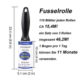 Vabaso 330 Sheets Extra Sticky Lint Roller with 2 Replacement Rollers for Clothing, Sofa, Bed and Carpet - Lint Roller for Pet Hair, Cat Hair, Dog Hair, Dust and Lint, Approximately 46.2 m, 110 Sheets/Rolls