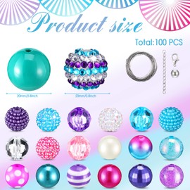 Sasylvia 100 Pcs 20 mm Bubblegum Beads for Pens Rhinestone Beads Shine Disco Ball Beads Plastic Chunky Beads Loose Round Spacer Beads for Jewelry Making DIY Craft Pen Bracelet Supplies(Mermaid)