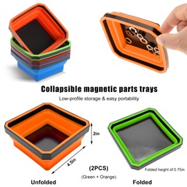 Yourkar 2 PCS Collapsible Magnetic Parts Tray, 4.5 Inch Foldable Magnetic Square Silicone Tray, Tool Tray Set with Double-Sided Magnetic Base for Screw Bolts Nuts Pins, Car Accessories (Green+Orange)