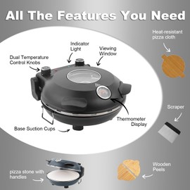 Pizza Maker Electric, 4-Min-Pizza in 1200W Pizza Oven, 31cm Refractory Stone Plate, Max 420℃ Pizza Maker with 5 Cooking Levels, inkl. Pizza Peels & Scraper & Recipe, Black (black)