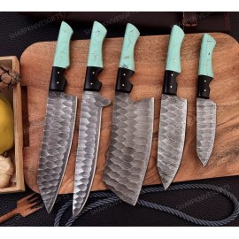 Damascus Chef Set 5 Knives Custom Handmade Damascus Steel Cutlery Chef Knives Set Kitchen Knife