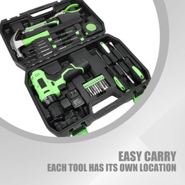 BEZT 27Pcs Home Repair Tool Kit with 12V Cordless Power Drill Driver Charger Bits Screwdriver, for Home Workshop, Green