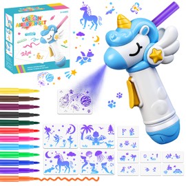 nicknack 25PCS Marker Airbrush Spray Art Kit Toys for Kids with 12 Washable Color Markers & 13 Stencils, DIY Arts & Crafts Set, Creative Gift for Boys & Girls Ages 6-8 3+, Electric Blow Pen Set