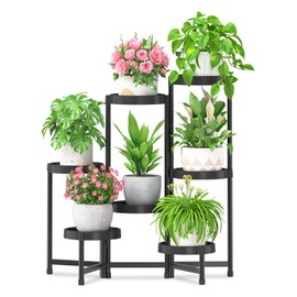 iDavosic.ly 7 Tier Folding Plant Stand Indoor Outdoor with Plastic Tray, Tiered Corner Flower Holder Shelf, Metal Orchid Display Rack for Patio Porch Living Room Garden Balcony, Modern Black