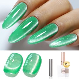Double Rhythm Jelly Glass Cat Eye Gel Polish with Magnet 15ML Holographic Glitter Shimmer Translucent Sheer Color Magnetic Gel Polish Salon DIY at Home (Spring Green-MC1067)