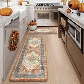 KIMODE Anti Fatigue Kitchen Mat for Floor, Boho Orange Kitchen Rugs Sets of 2, Cushioned Kitchen Floor Mats, Fall Kitchen Rugs Non Slip for Sink, Laundry, Desk, Home 17"x47"+17"x29"