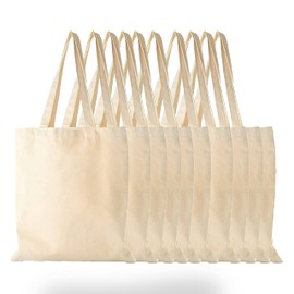 Pack of 10 Premium Quality 100% Cotton Made Reusable Carrier Bags Grocery Bags With Long Handles / Short Handles Printing Bag Washable Shopping Bags (Long Handles)