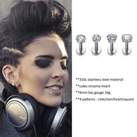 Jovivi 4pcs Multi-Shape Stainless Steel 4mm Clear Cubic Zircon Lip Rings Labret Monroe Nose Studs Helix Earring Piercing 16G