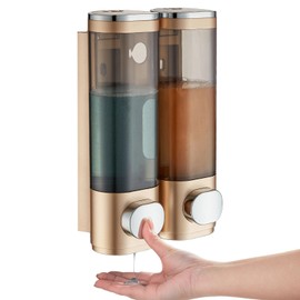 Shampoo and Conditioner Dispenser, modunful Shower Dispenser 2 Chamber No Drill Shampoo Dispenser for Shower Wall Mounted Shampoo Conditioner Body Wash Dispenser for Bathroom,Gold 2 Chamber