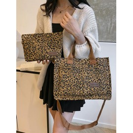 Solid Color/fruit/leopard Summer Fall Tote Bag Set, Tote Bag for Women, Everything Tote Bag for Women & Small Wristlet Bag, Trendy Commuting Work Bag Set, Everyday Bags Back To School, Girlfriend Gifts:_Fawn Brown_Please Refer To The Pictures for Dimensions