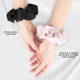Silk Hair Scrunchies for Women, 100% Mulberry Silk Hair Ties, No Damage for Curly Hair, Large Scrunchie for Sleep, 2-Pack, Light Pink/Balck, L
