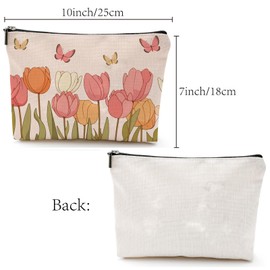 CREATCABIN Tulip Make Up Bags Canvas Cosmetic Bag Pink Multi-Purpose Pen Case Zip Pockets Toiletry Bag Travel Purse Portable Butterfly Flowers Storage Organiser 25 x 18 cm