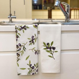 CAIT CHAPMAN HOME COLLECTION Olive Leaves and Branches Tea Towel Set of One Printed and One Embroidered Towels 18"X28", Pack of 2 (White Embroidery Background)