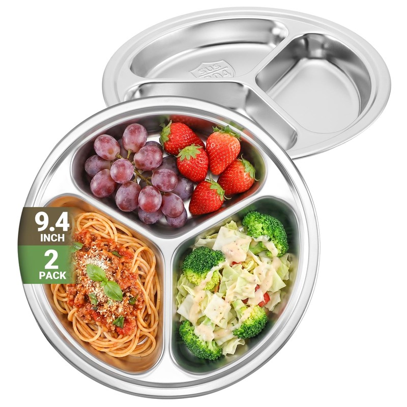 Offiper 304(18/8) Stainless Steel Compartment Plates, 2 Pack 9.4” Medium
