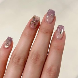 Press on Nails Short Square Fake Nails Purple Gradient False Nails with 3D Flower Designs Stick on Nails Glossy Cute Artificial Nails for Women 24pcs 1