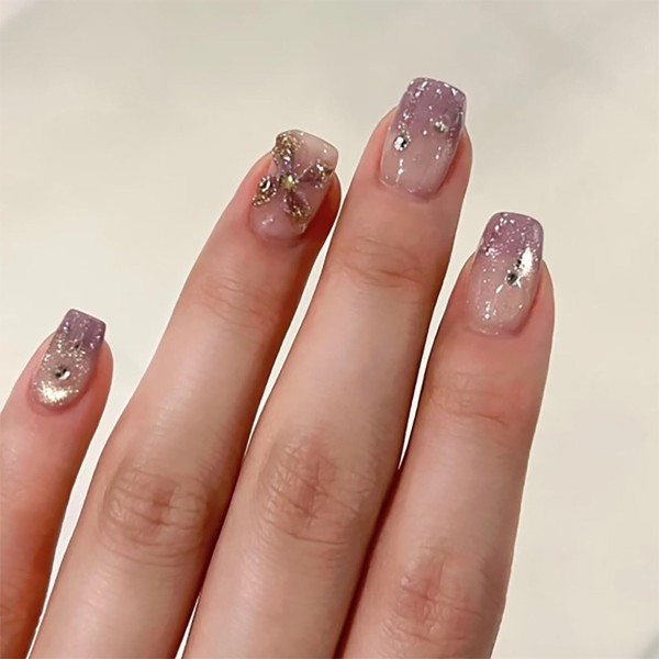 Press on Nails Short Square Fake Nails Purple Gradient False
