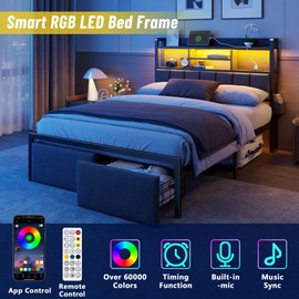 Furnulem Full Size Bed Frame with Upholstered Headboard, Bed Frame Full with Storage Drawers, Charging Station & LED Lights, Metal Platform No Box Spring Needed, Noise Free, Black (1200 lbs Capacity)