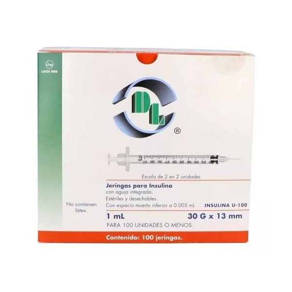 Jeringas Para Insulina 1 Ml Aguja 30g X 13mm Caja 100 Pza Dl