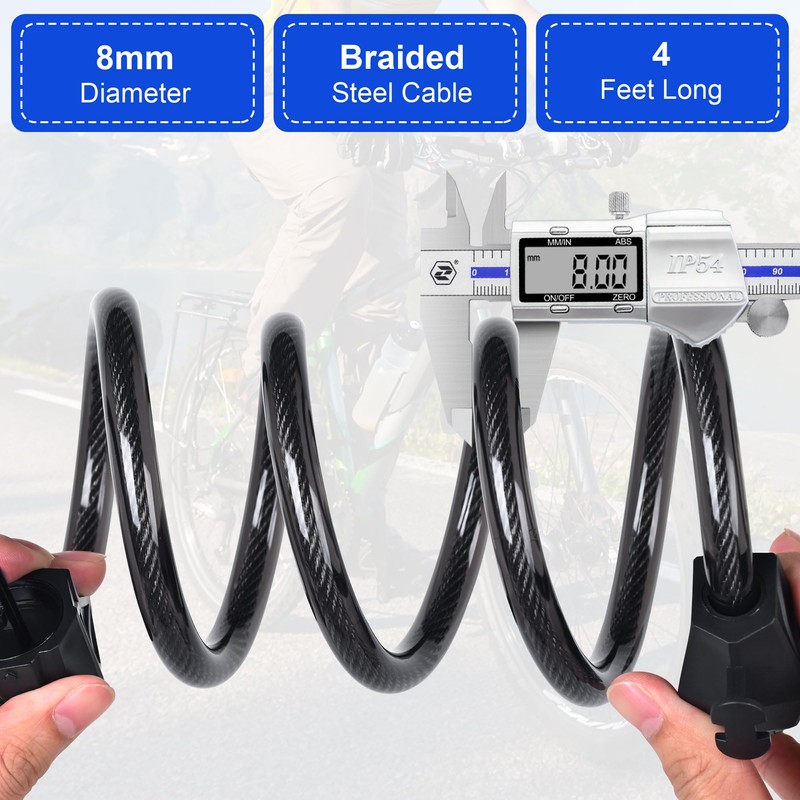 Qlaway Ebike Electric Bike Cable Lock, Resettable 4 Feet Cable