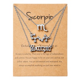 PANTIDE 3Pcs Scorpio Zodiac Layer Necklaces for Women Retro Silver Plated 12 Constellation Pendant Exquisite Letter Horoscope Old English Zodiac Sign Necklace for Birthday Gifts(Silver)