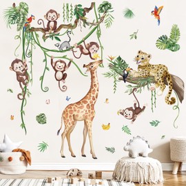 wondever Jungle Animals Tree Branch Wall Stickers Safari Leopard Giraffe Monkey Peel and Stick Wall Art Decals for Baby Nursery Kids Bedroom Living Room