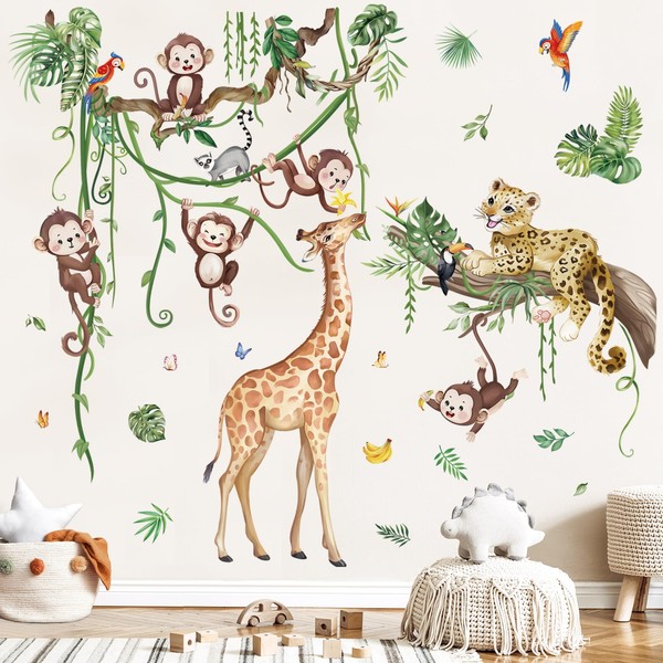 wondever Jungle Animals Tree Branch Wall Stickers Safari Leopard Giraffe