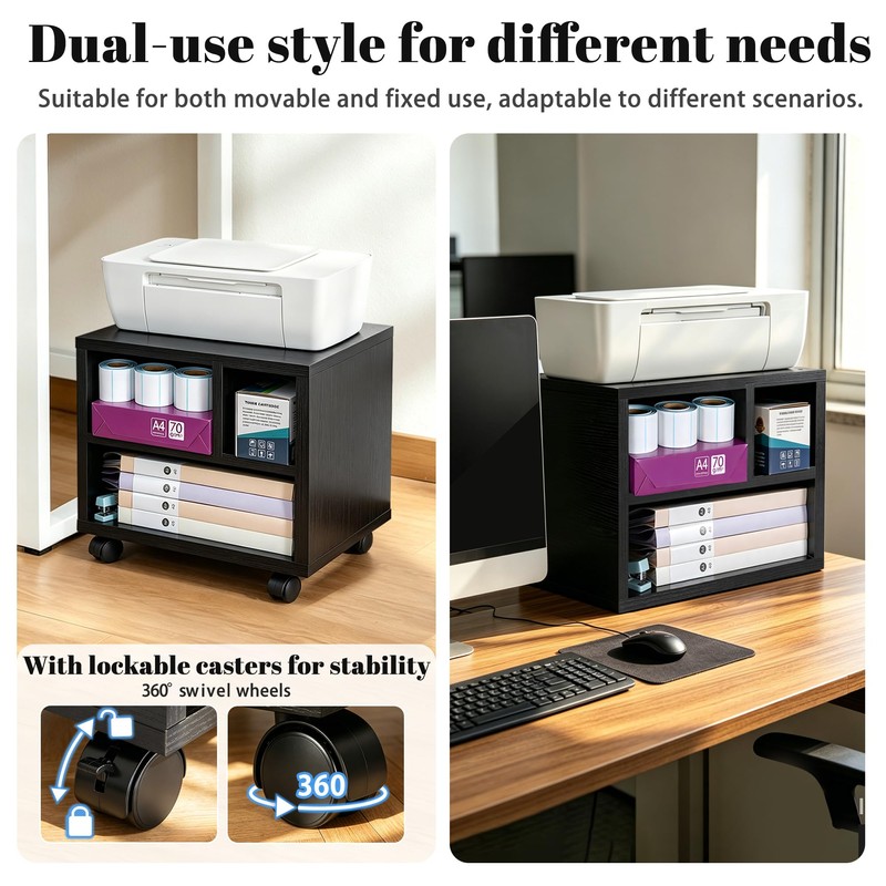 IBVIVIC Printer Stand with 3 Compartment, Under Desk Black Printer