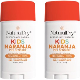 Naturaldry - 2 desodorantes infantiles Kids SIN BICARBONATO DE SODIO unisex Natural ideales para pieles sensibles - No obstruye los poros - SIN ALUMINIO - Sin parabenos - Aroma Naranja para niños y niñas - En Barra