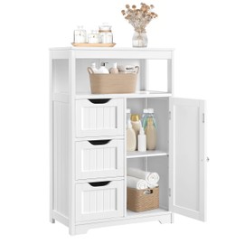 Yaheetech Bathroom Floor Cabinet Wooden Storage Organizer with 1 Door and 3 Drawers, Free-Standing Cupboard for Kitchen/Living Room/Bathroom Use, White