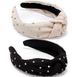 Atoden Rhinestone Knotted Headbands for Women - 2Pcs Beaded Crystal Jeweled Top Knot Hair Embellished Accessories, Black
