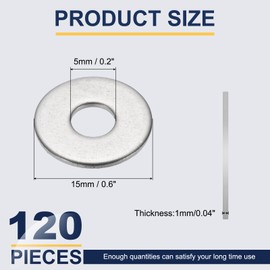 sourcing map M5 Flat Washer for Screw, 120Pcs 304 Stainless Steel Washers 5MM ID x 15MM OD x 1MM Thick for Bolts, Factories Repair, Kitchens, Shops, and Outdoor Construction (Silver Tone)