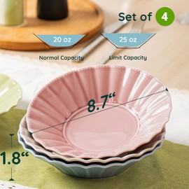 HOMBENE Pasta Bowls Set for 4, 25oz Ceramic Soup Bowls, Salad Serving Bowls, Wide and Shallow Bowls Set, Wavy Style, Soup, Pasta, Noodle, Dinner, Microwave & Dishwasher Safe Peach Bloom Pink)
