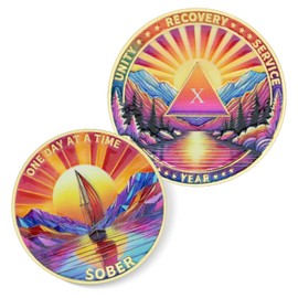 Sunset Sailboat 10 Year Sobriety Coin & AA Medallion | One Day at A Time Sobriety Chip | Alcoholics Anonymous Recovery Gifts | Celebrate Anniversary Milestones Sobriety Gifts for Men & Women