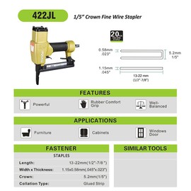 Meite 422JL Pneumatic Upholstery Stapler 20 Gauge J4 Series 1/5" Crown 1/2" to 7/8" with Long Nose for Shoe Making