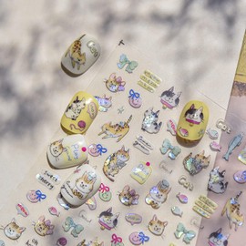 Shell Light Nail Art Stickers Cute Cat Design 5D Embossed Sweet Cartoon Manicure Decals Adhesive Slider for Women DIY Nail Art Decorations