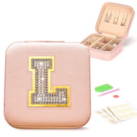 VINATO Portagioielli Personalizzabile con Lettere Diamantate DIY - Piccola Scatola Porta Gioielli da Viaggio in Pelle PU Rosa - Regalo per Donna e Bambina - 10x10x5 cm