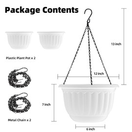 YIKUSH Planters for Outdoor Plants 2 Pack White Plant Pots with Drainage Hole and Absorbing Tray Hanging Planters for Indoor Plants (12 inch, 3 Hooks)