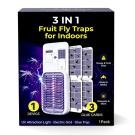 Upgraded Fruit Fly Traps for Indoors, Flying Insect Trap for Fruit Flies, Gnats, Plug in Bug Zapper Indoor with Dual-UV Lights & Trapping, Electric Grid & Glue Traps(1 Device & 3 Glue Boards)