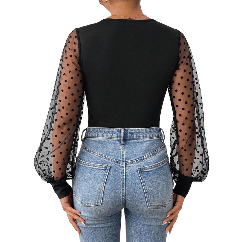 GORGLITTER Women's Bodysuit Polka Dot Mesh Bodysuits V-Neck Women's Bodysuit