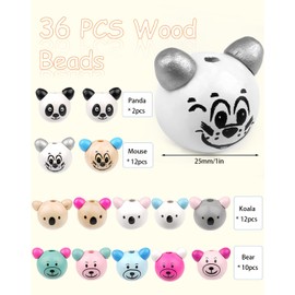 WINKIO Wooden Beads with Face, Pack of 36, Round 25 mm Wooden Beads, Animal Heads, Natural Wooden Balls with Cute Animal Faces, Beads with Face for Macrame Accessories, Key Ring, Bracelet, Necklace