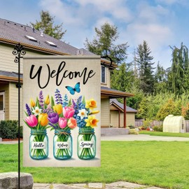 BlissYard Hello Spring Garden Flag 12x18 Inch Double Sided Welcome Spring Garden Flag Tulips Butterfly Garden Decoration Rustic Outdoor Spring Decorative Spring Seasonal Yard Flags