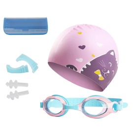 YJZQ Schwimmbrille + Badekappe aus Silikon, wasserdicht und beschlagfrei, Pool-Set für Mädchen und Jungen, Augenschutz, verstellbar, 45 – 55 cm